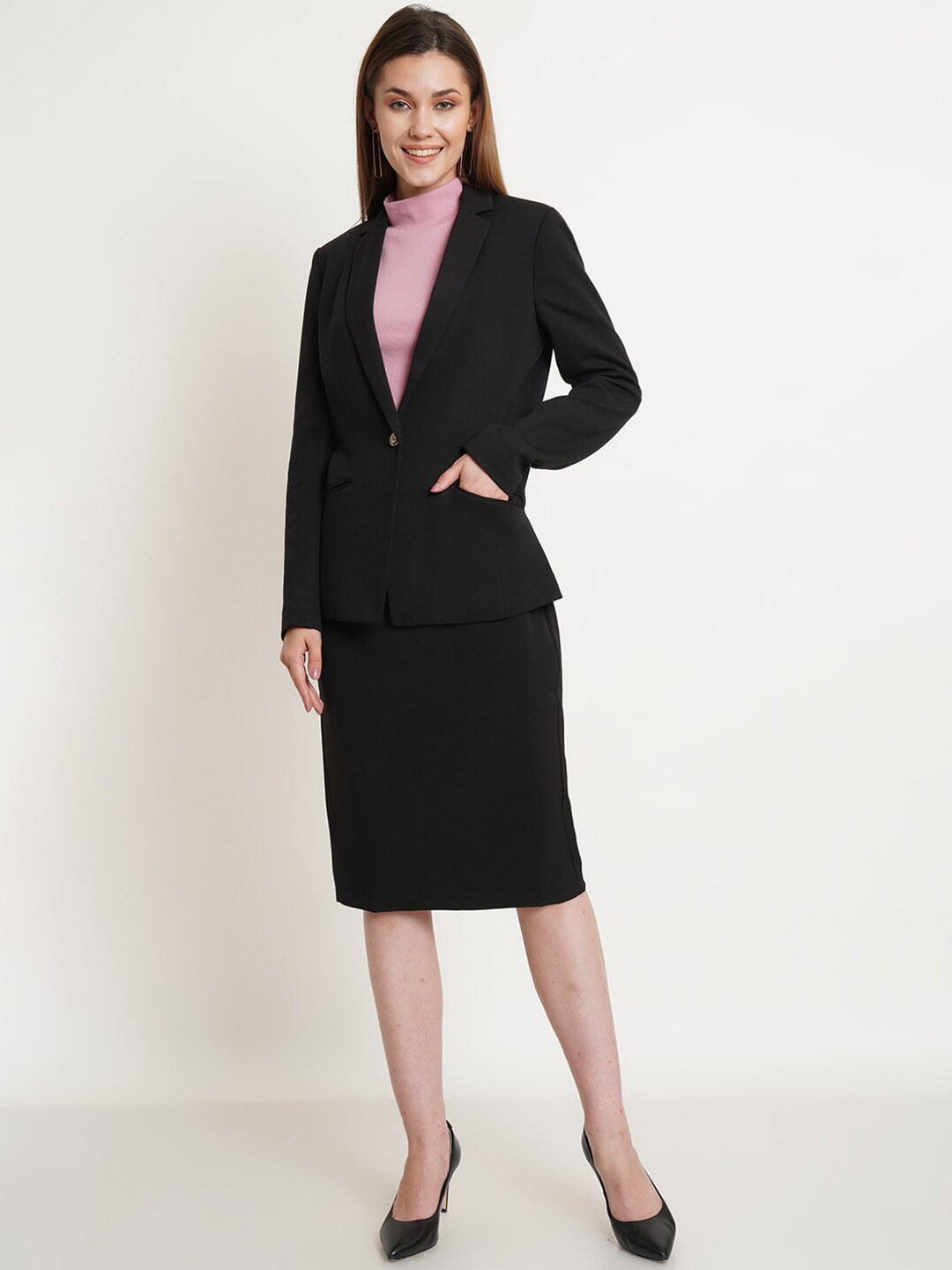 

Purple State Women Black Blazer With Skirt Co-Ords