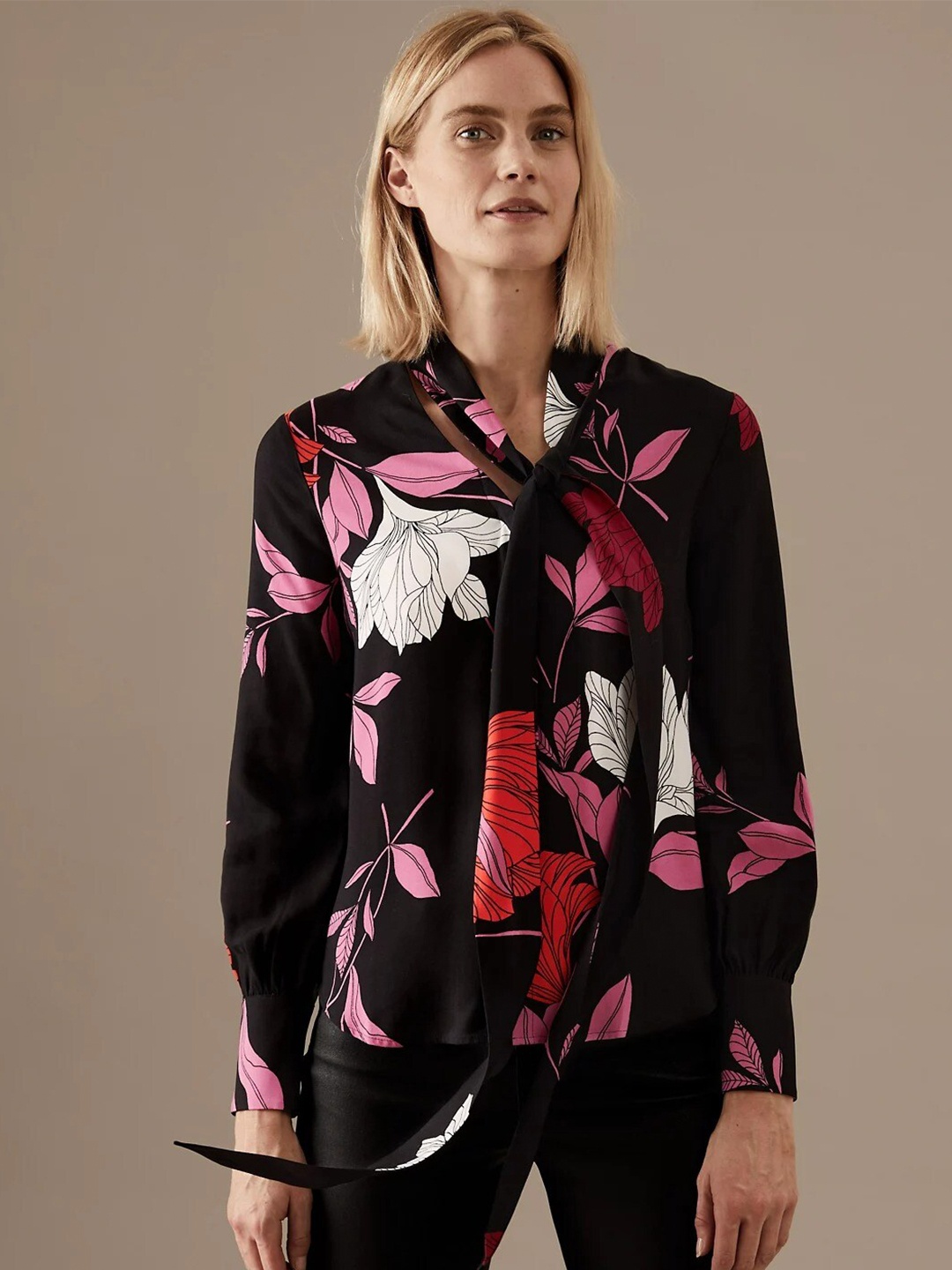 

Marks & Spencer Black Floral Print Tie-Up Neck Top