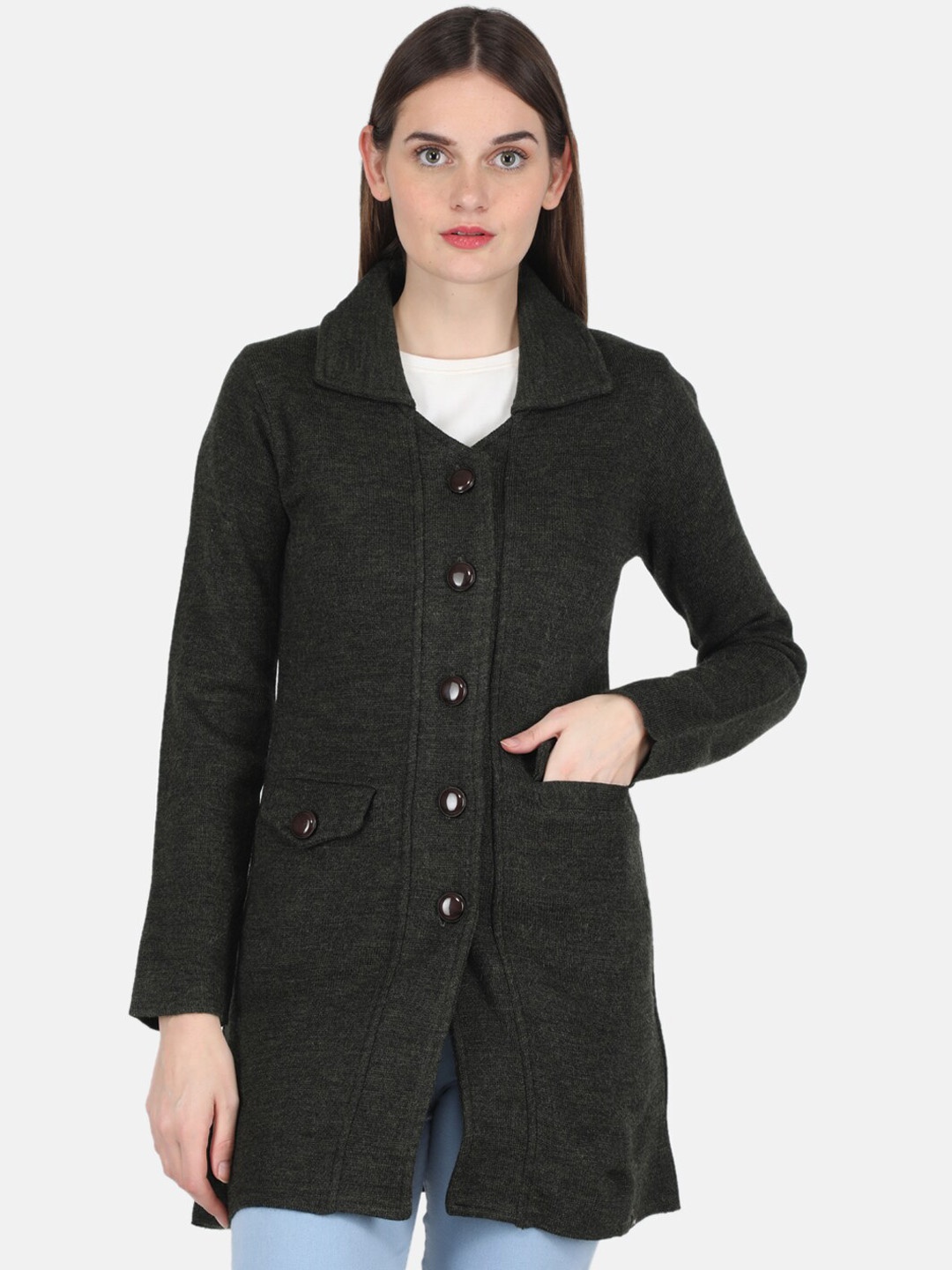 

Monte Carlo Women Olive Black Self-Design Over Coats