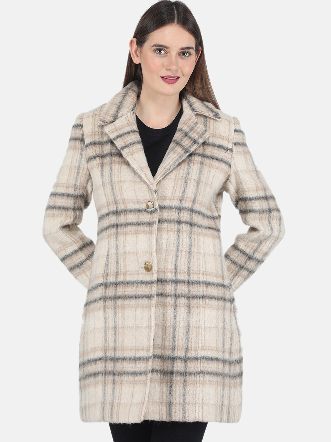 

Monte Carlo Women Beige Checked Pea Coats