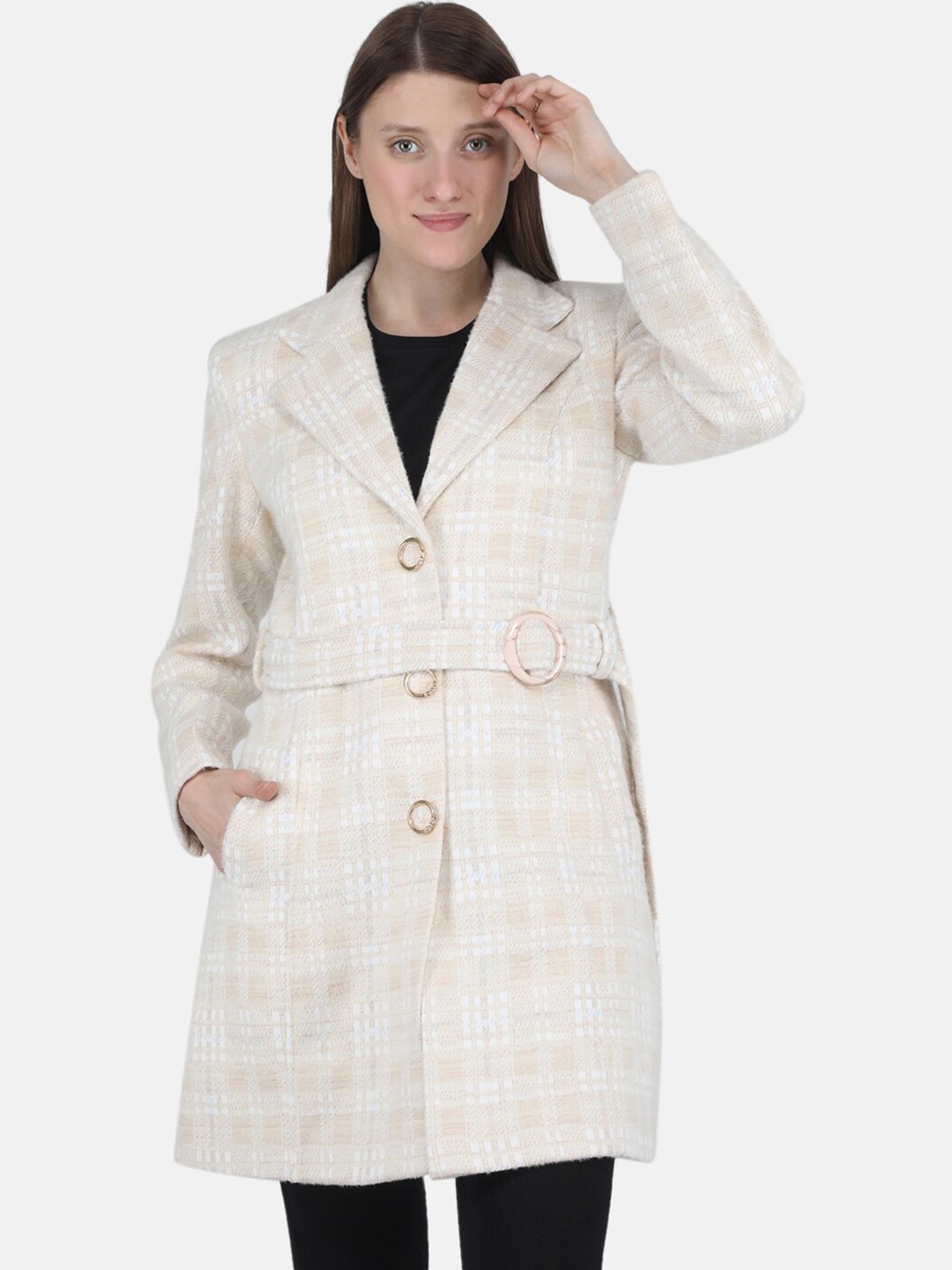 

Monte Carlo Women Beige & White Checked Trench Coats