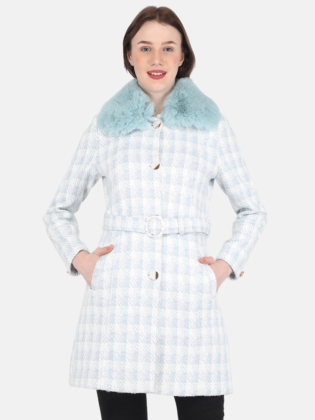 

Monte Carlo Women White & Blue Checked Trench Coats
