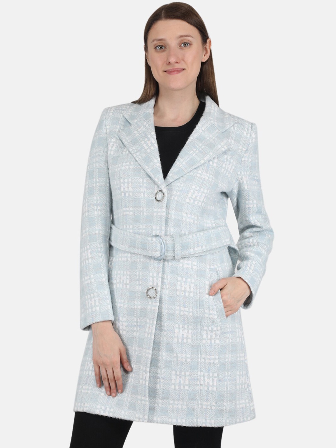 

Monte Carlo Women Blue Checked Single-Breasted Overcoat