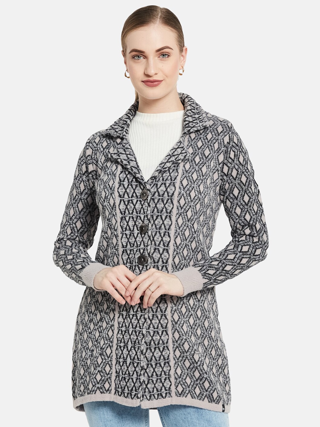 

Monte Carlo Women Black Jacquard Pattern Woollen Over Coat