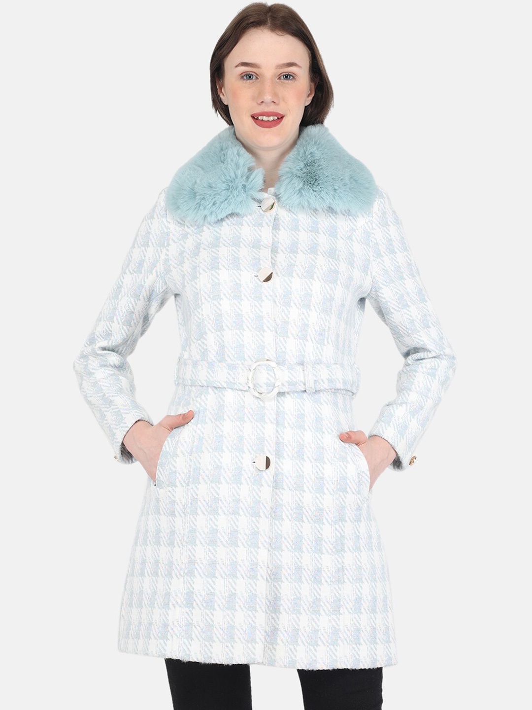 

Monte Carlo Women White & Blue Checked Trench Coat