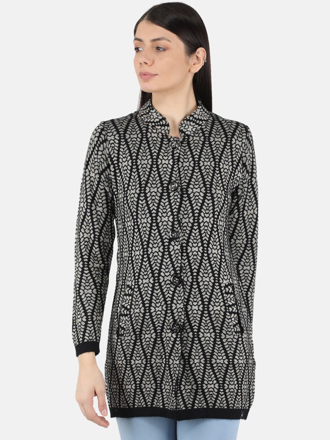 

Monte Carlo Women Plus Size Black & Grey Printed Overcoat