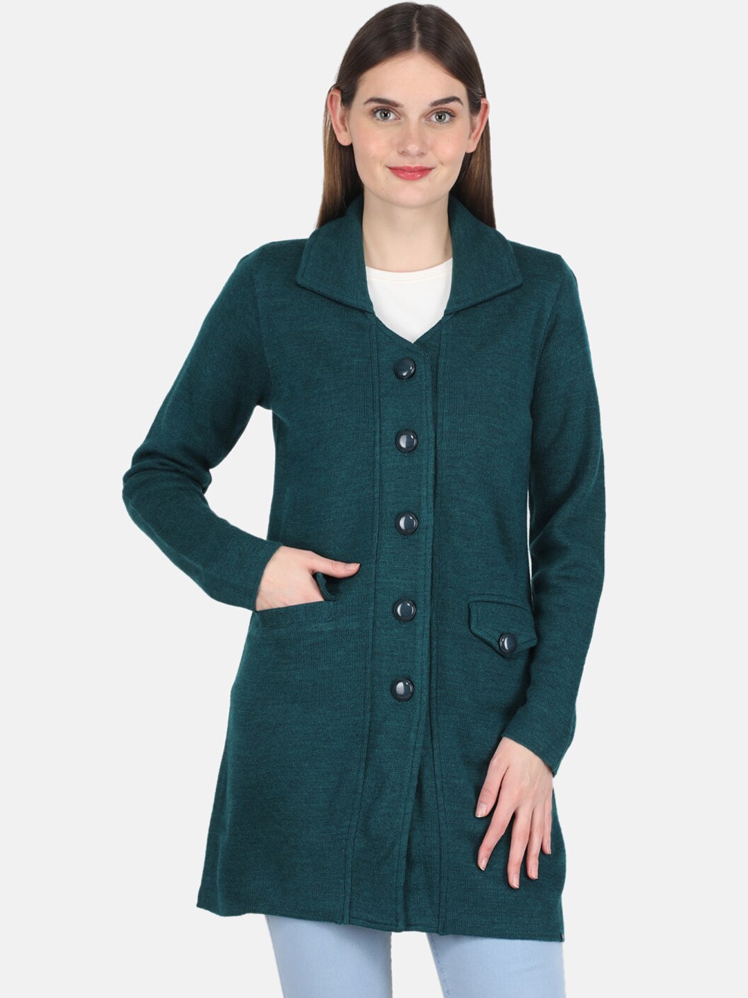 

Monte Carlo Women Plus Size Green Self Design Overcoat