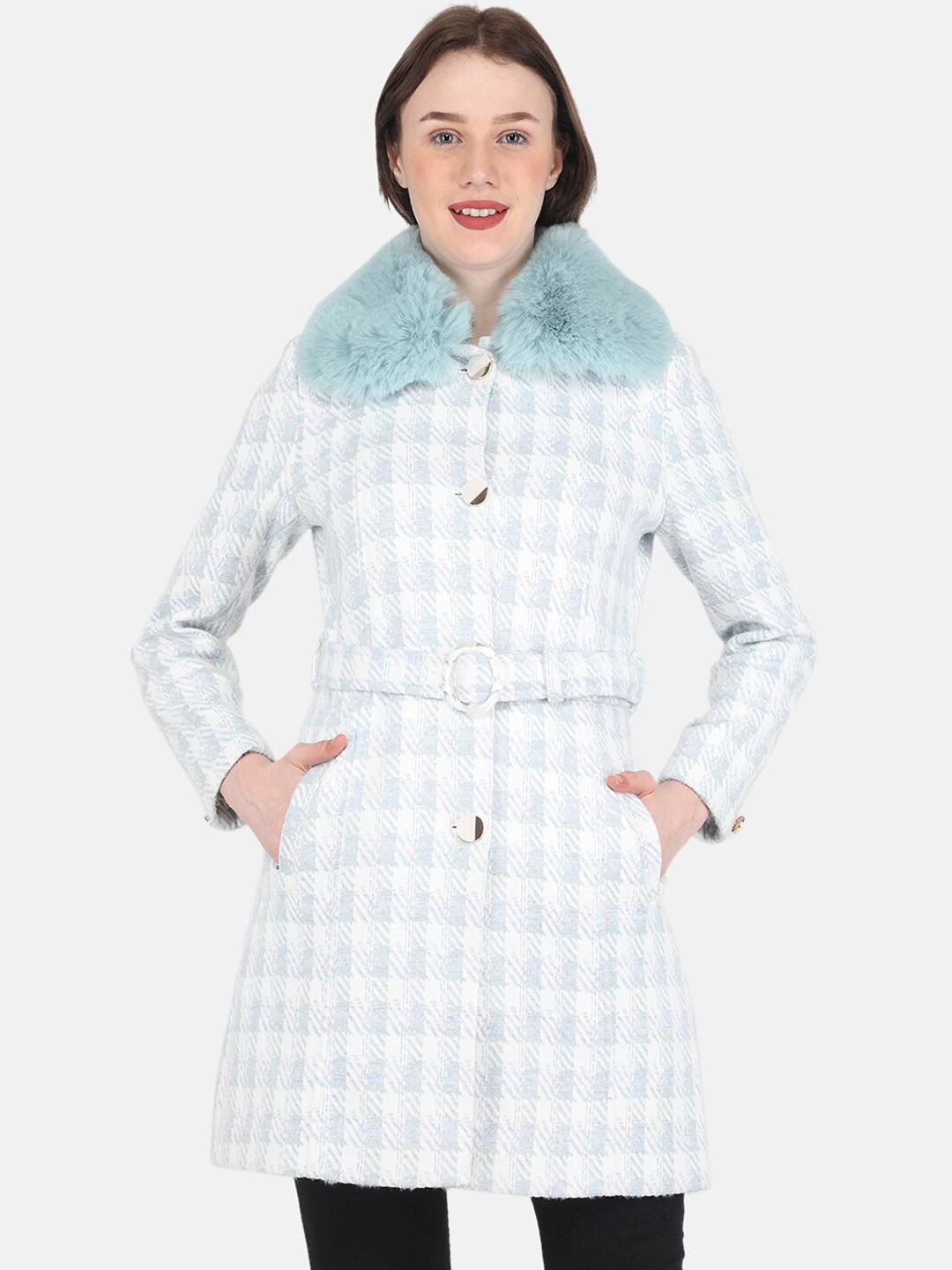 

Monte Carlo Women White & Blue Checked Trench Coats