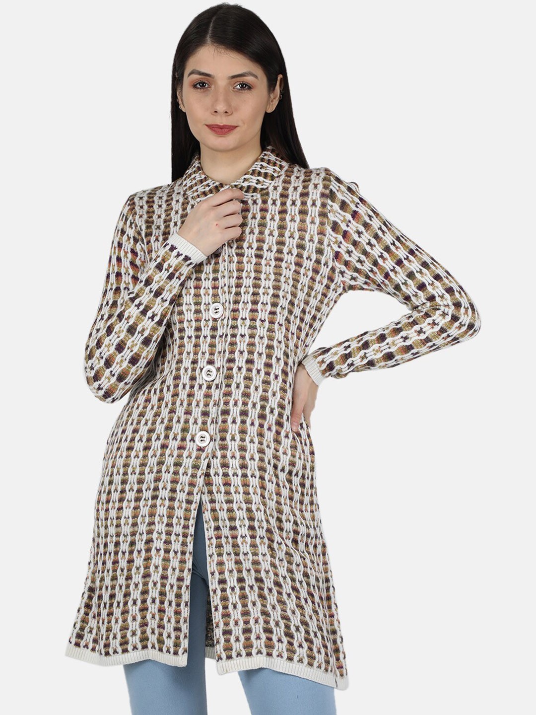 

Monte Carlo Women White Self Design Overcoat