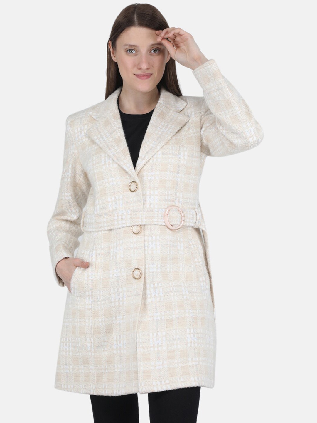 

Monte Carlo Women Beige & White Checked Trench Coats