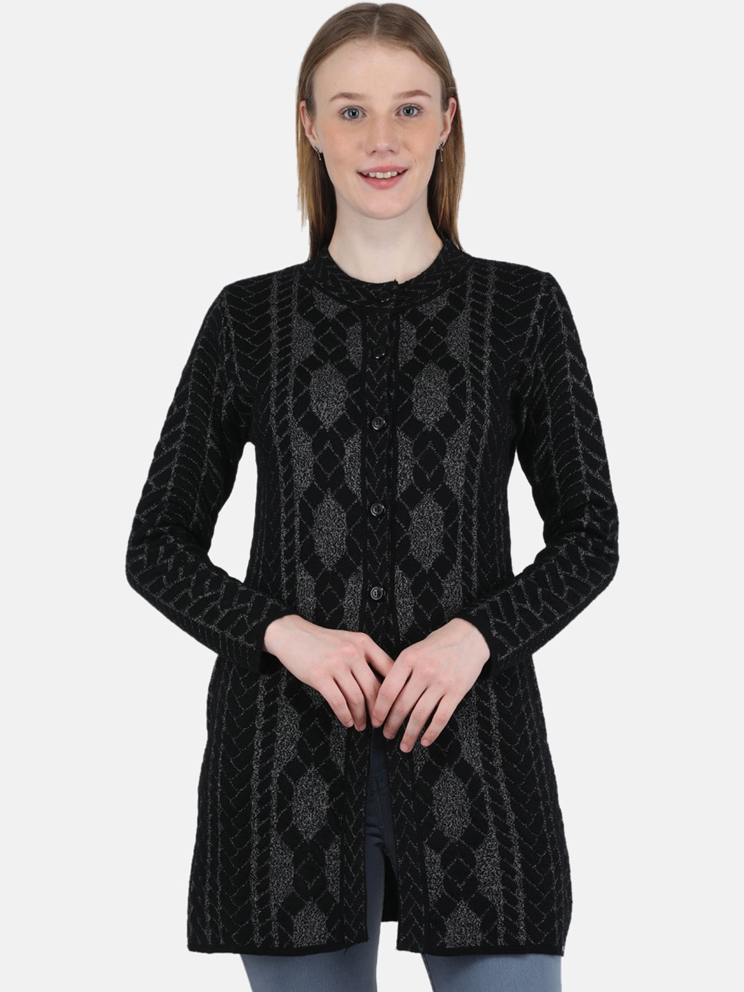 

Monte Carlo Women Black Patterned Designer Pea-Coat