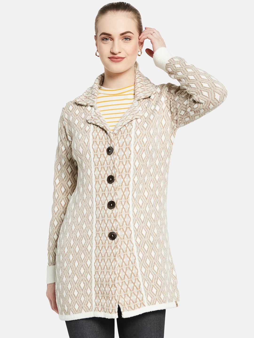 

Monte Carlo Women Beige Geometric Printed Single-Breasted Woolen Pea Coat