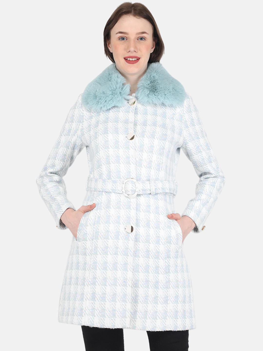 

Monte Carlo Women White & Blue Checked Trench Coats