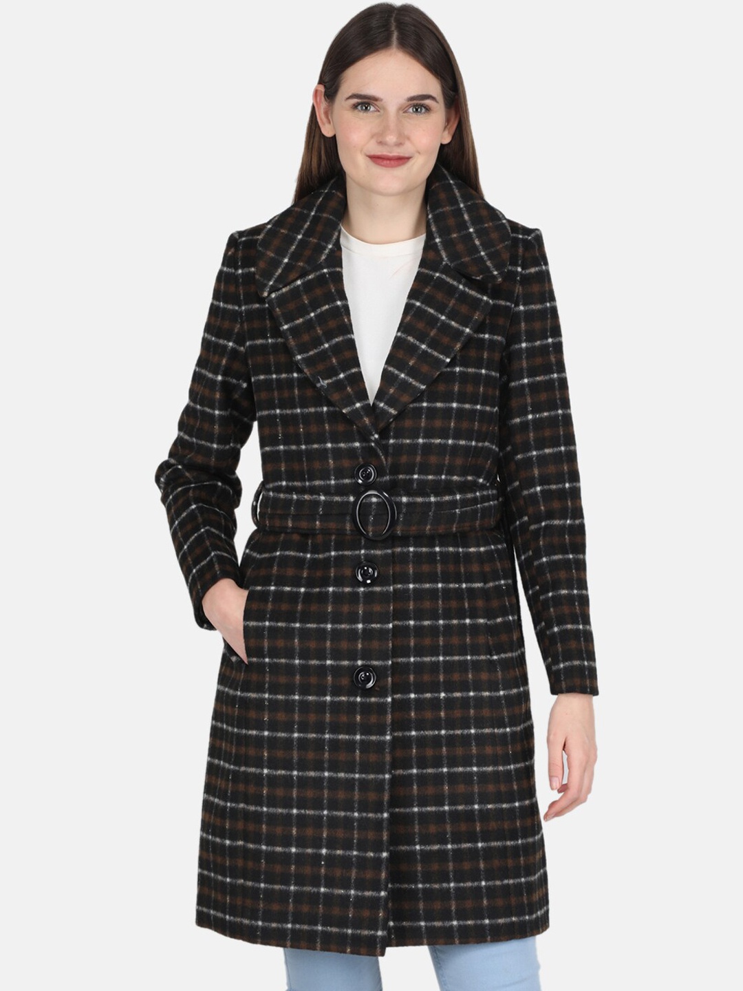 

Monte Carlo Women Black Checked Single-Breasted Trench Coat