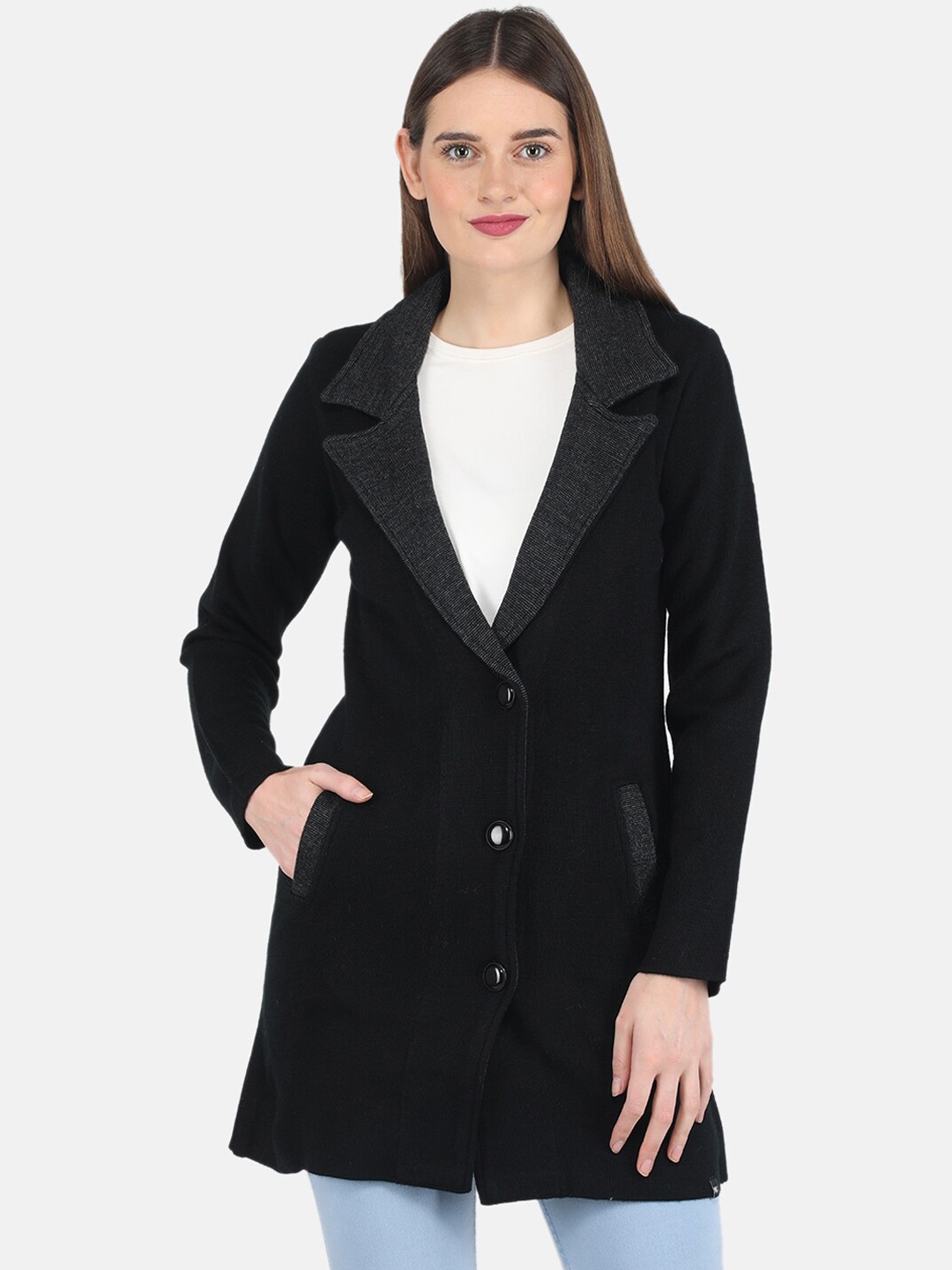 

Monte Carlo Women Black Self Design Trench Coat