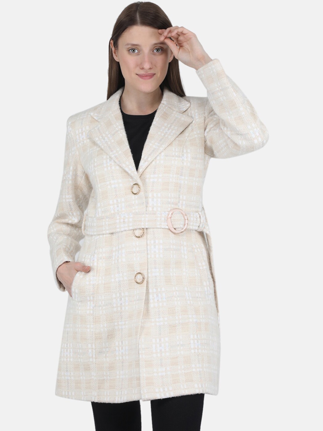 

Monte Carlo Women White & Beige Checked Trench Coats