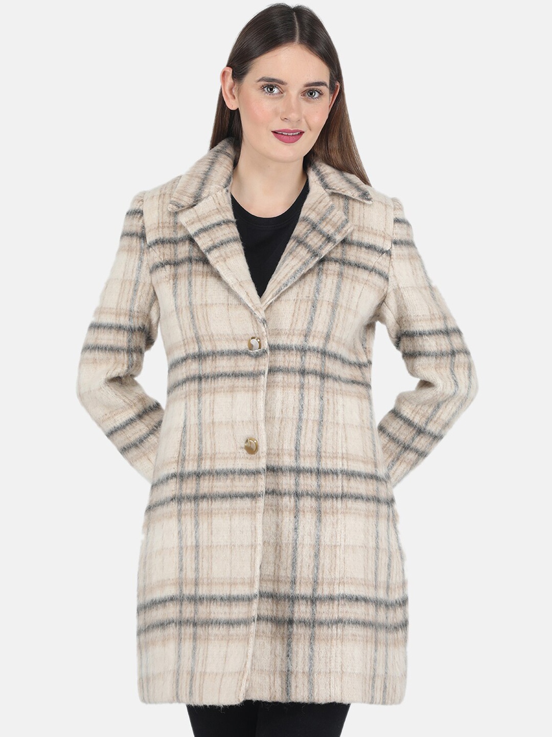 

Monte Carlo Women Beige Checks Single Breasted Over Coats