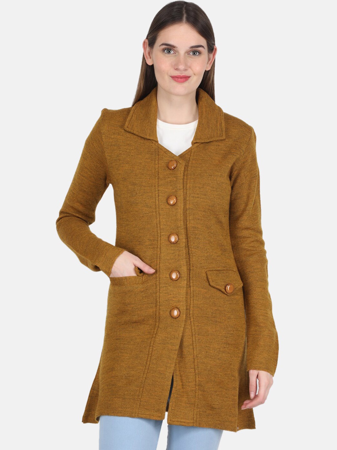 

Monte Carlo Women Mustard Yellow Self-Design Pea-Coat