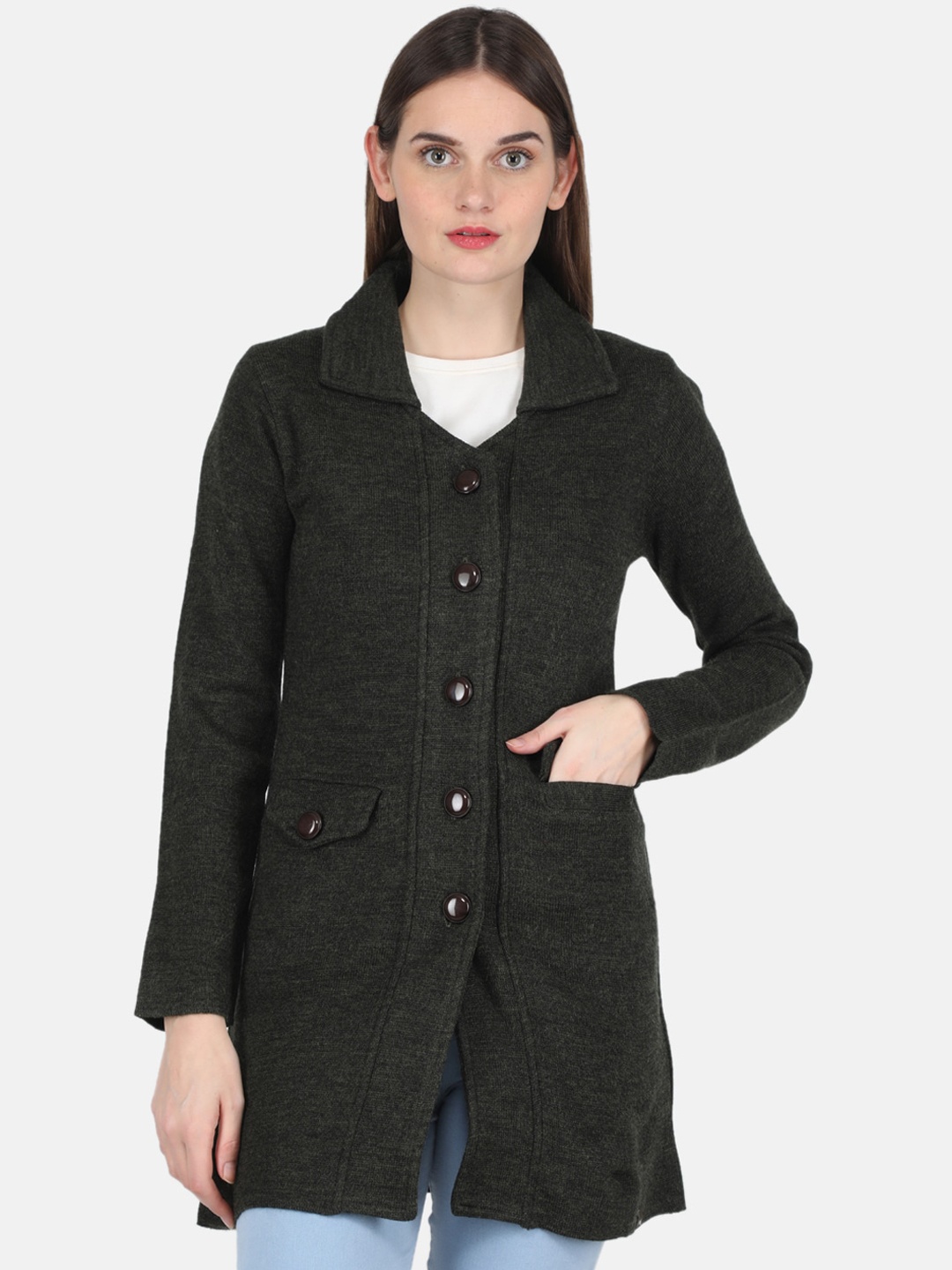 

Monte Carlo Women Olive-Green Self-Design Peacoat