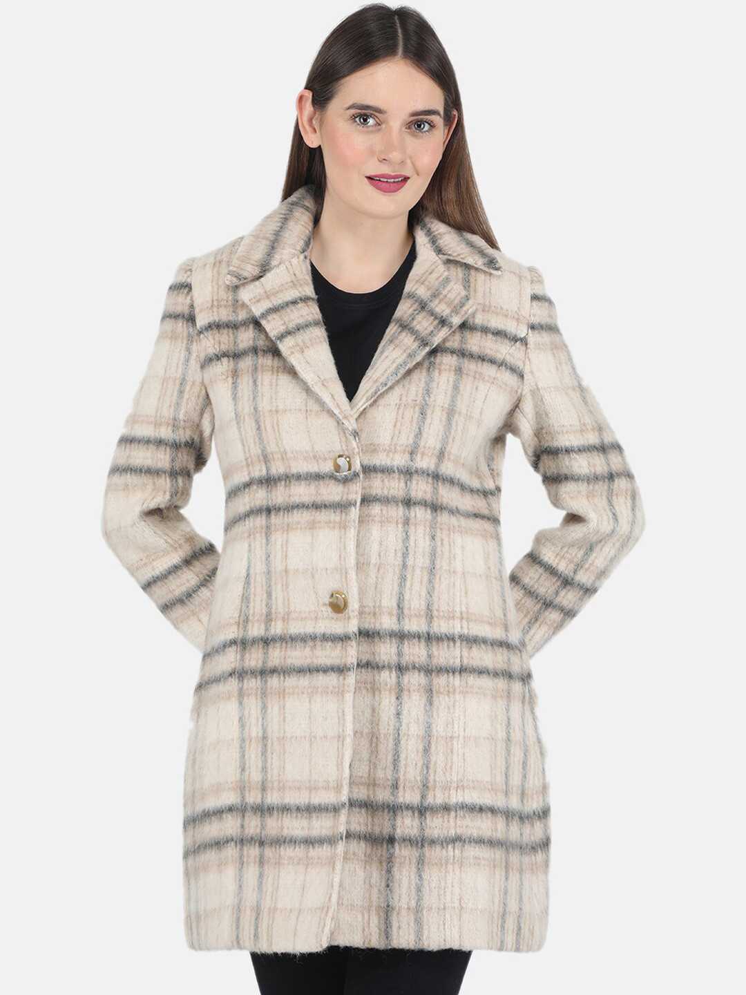 

Monte Carlo Women Beige & Black Checked Longline OverCoats