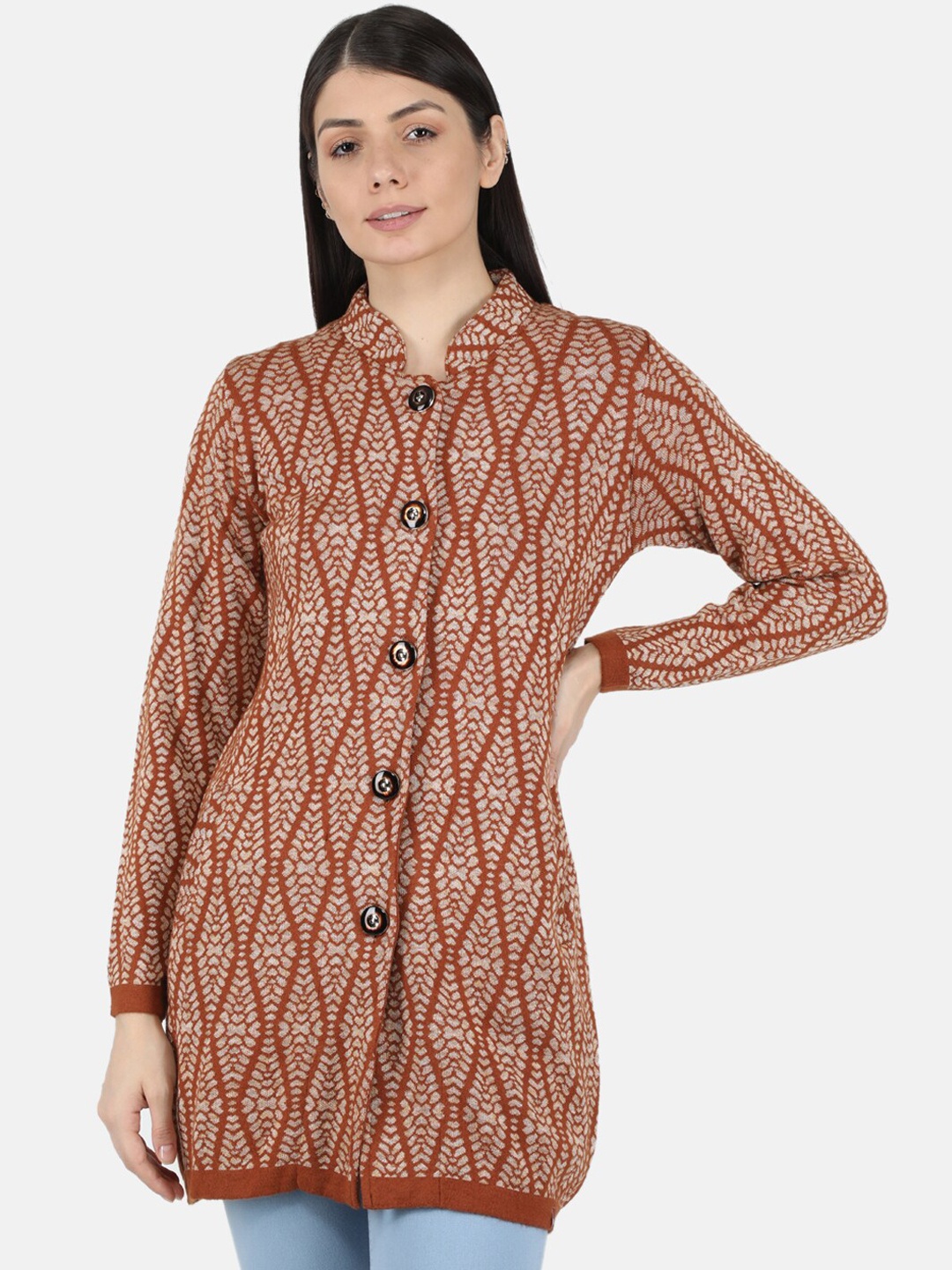 

Monte Carlo Women Rust Coloured Ethnic Motif Longline OverCoats