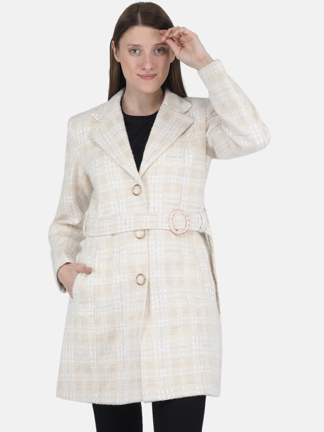 

Monte Carlo Women Beige Checked Longline TrenchCoat