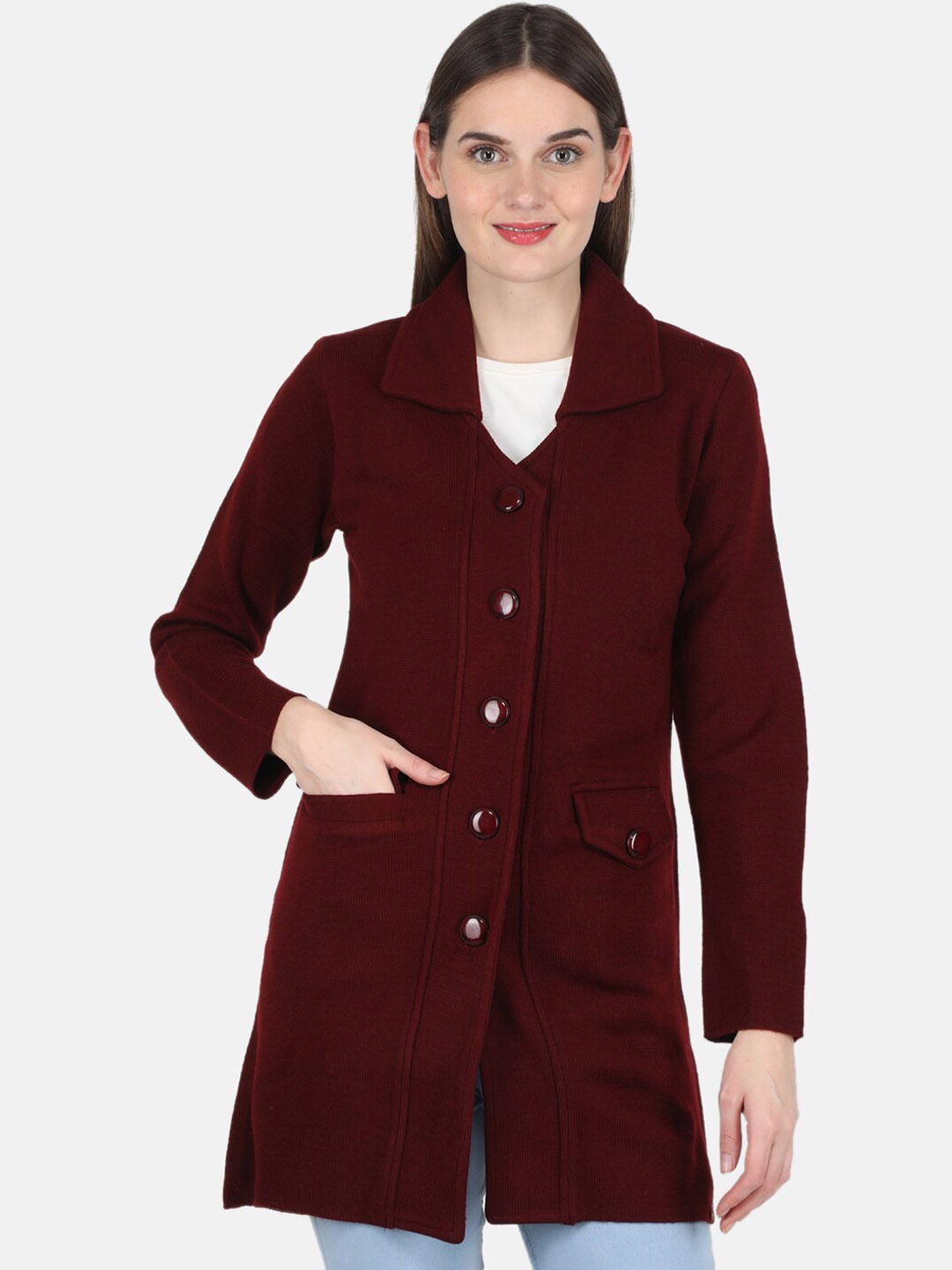 

Monte Carlo Women Maroon Single-Breasted Longline Overcoat