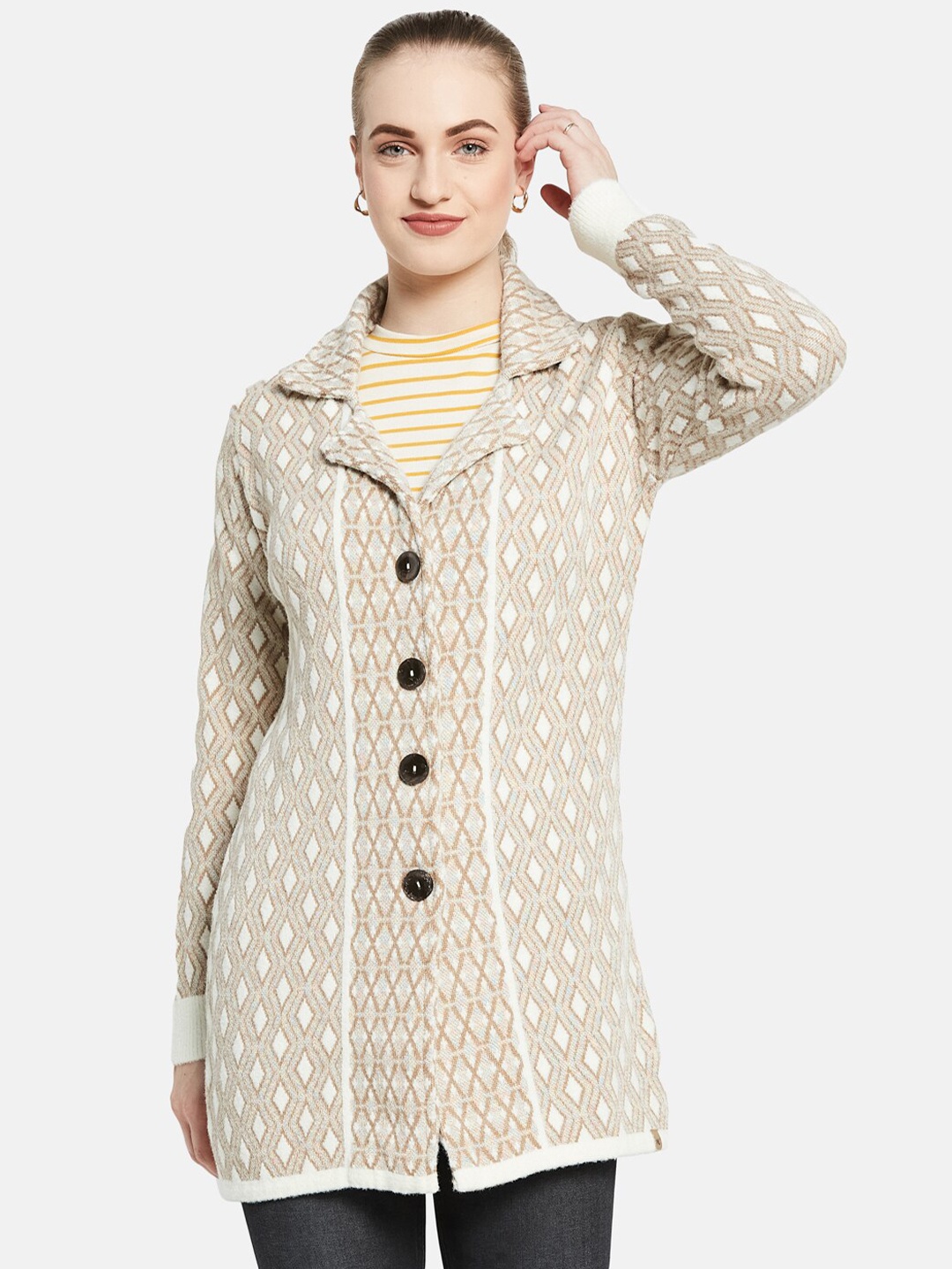 

Monte Carlo Women Beige Colored Patterned Single-Breasted Pea-Coat