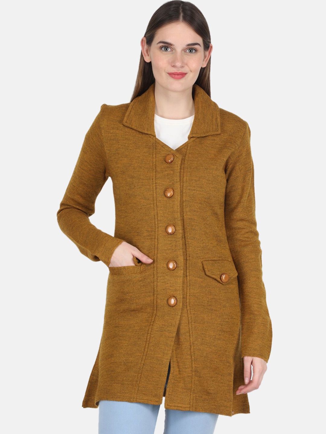

Monte Carlo Women Mustard Yellow Self Design Single Breasted OverCoat
