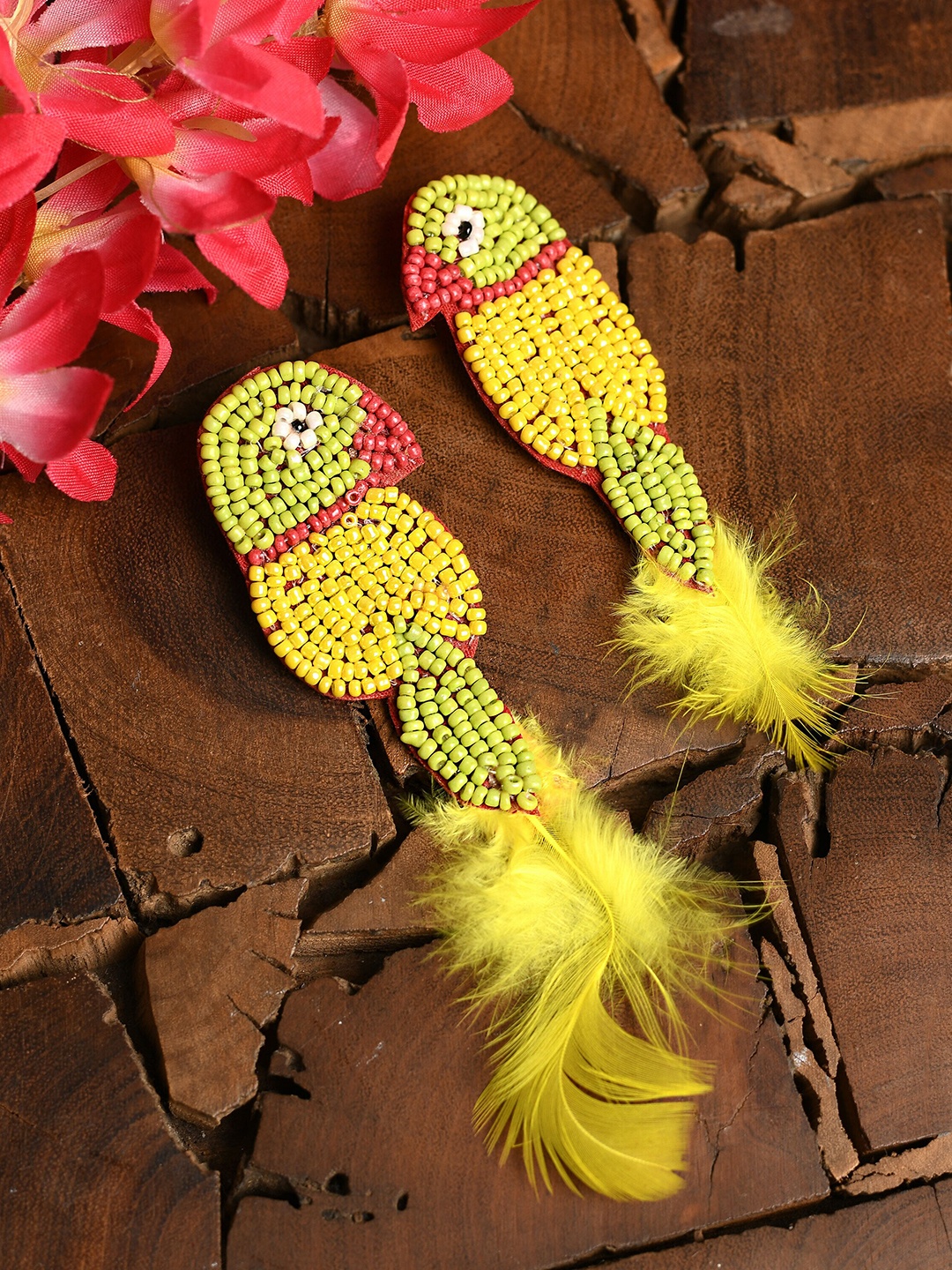 

Ratfanee Yellow & Red Beaded Tasselled Drop Earrings