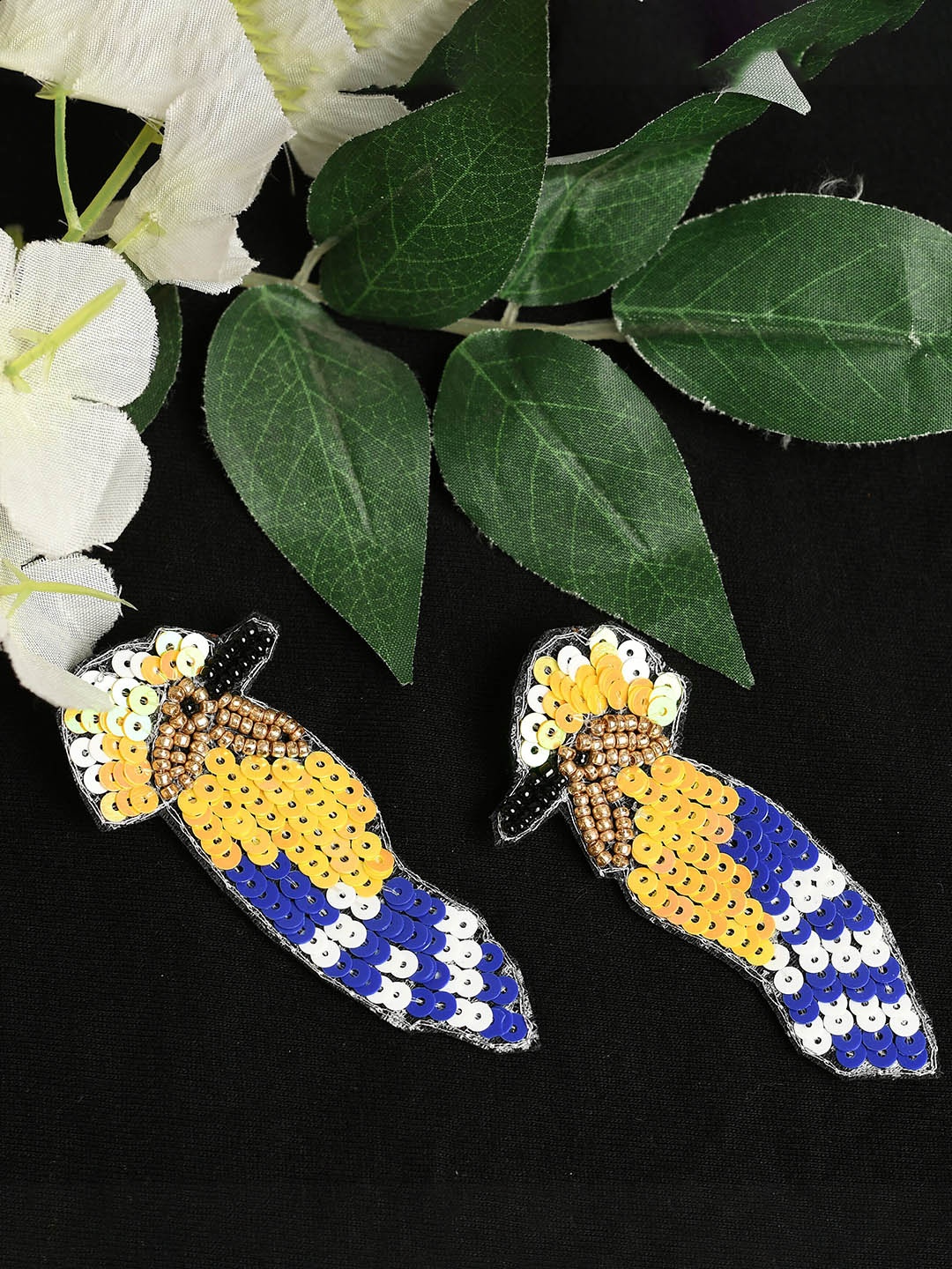 

Ratfanee Yellow & Blue Sparrow Shaped Beaded Drop Earrings