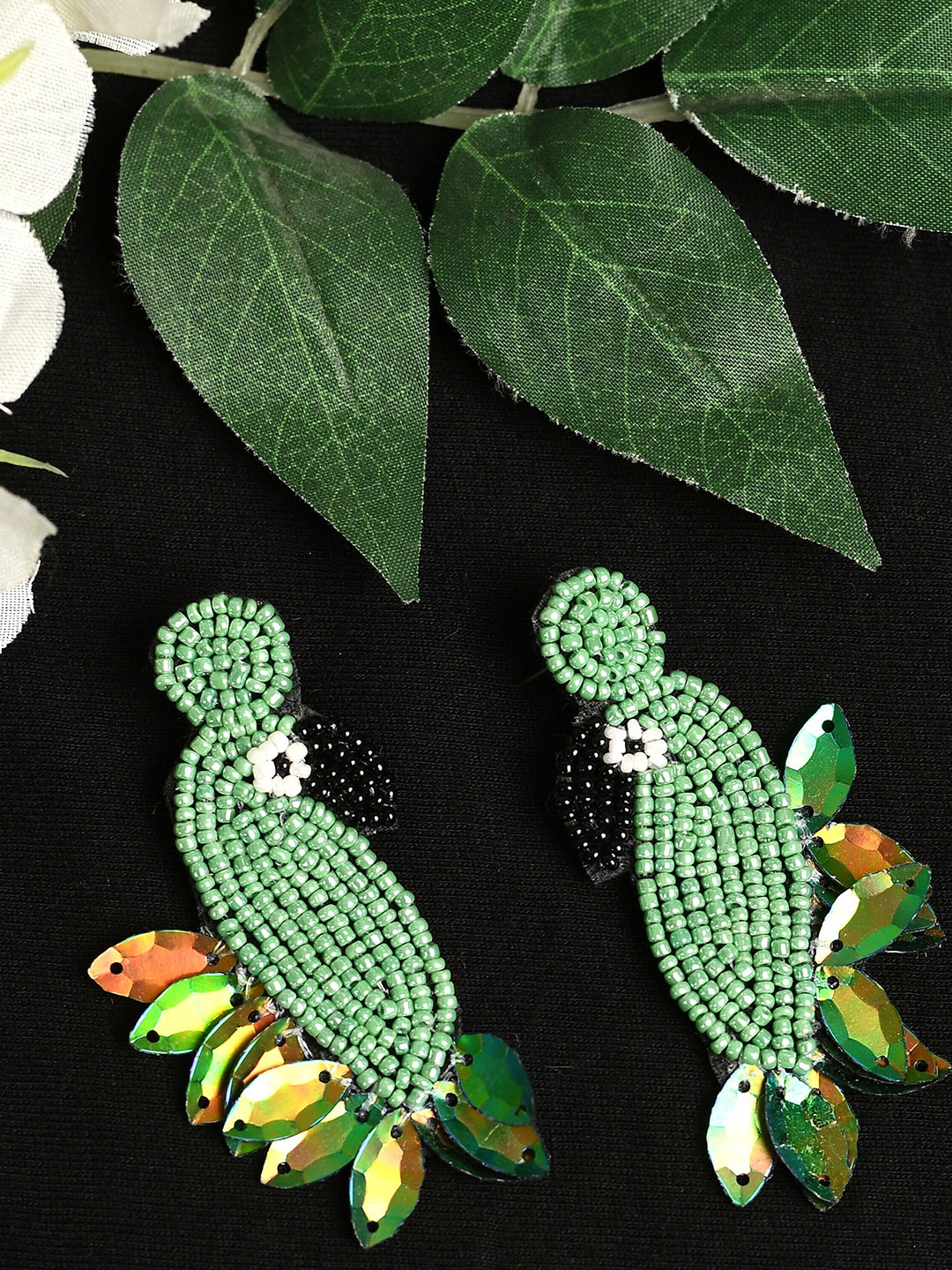 

Ratfanee Green & Black Beaded Sparrow Drop Earrings