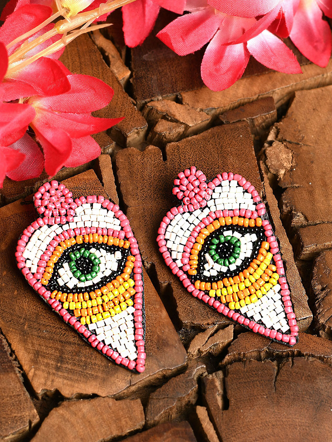 

Ratfanee White & Pink Beaded Heart Shape Eye Drop Earrings