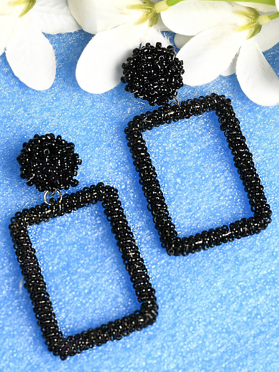 

Ratfanee Black Beaded Rectangular Drop Earrings