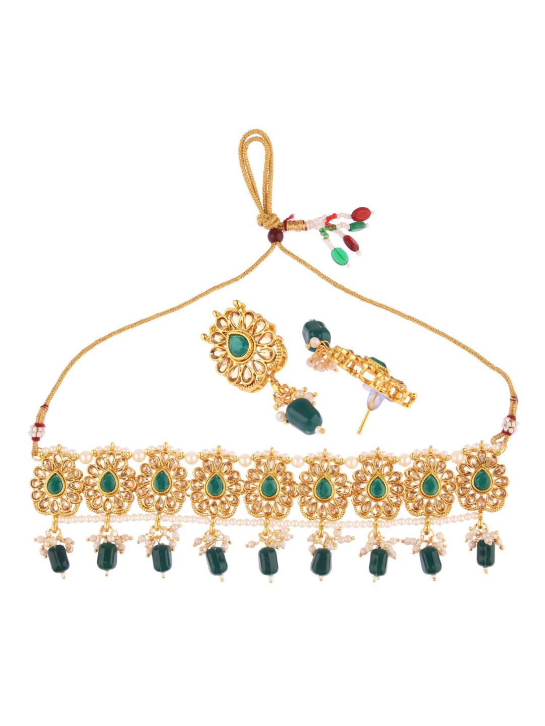 

Efulgenz Gold-Plated Green & White Crystal Kundan Studded & Beaded Jewellery Set