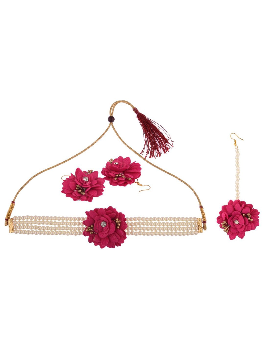 

Efulgenz Women Pink & White Pearls-Studded & Beaded Floral Choker Jewellery Set