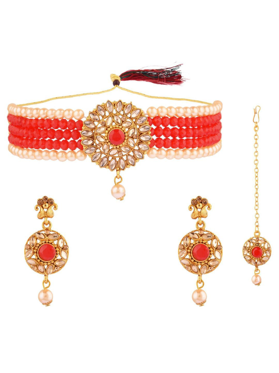 

Efulgenz Women Red & White Gold-Plated Crystal Studded & Beaded Choker Jewellery Set