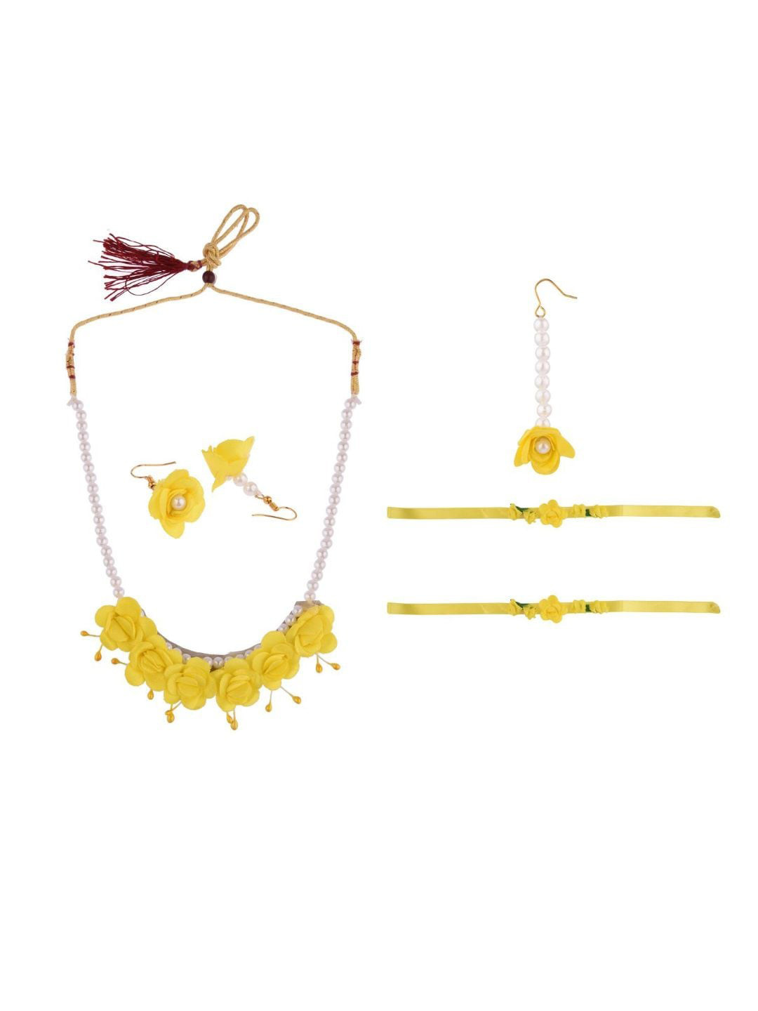 

Efulgenz Women Yellow & White Pearls Beaded Haldi Flower Jewellery Set