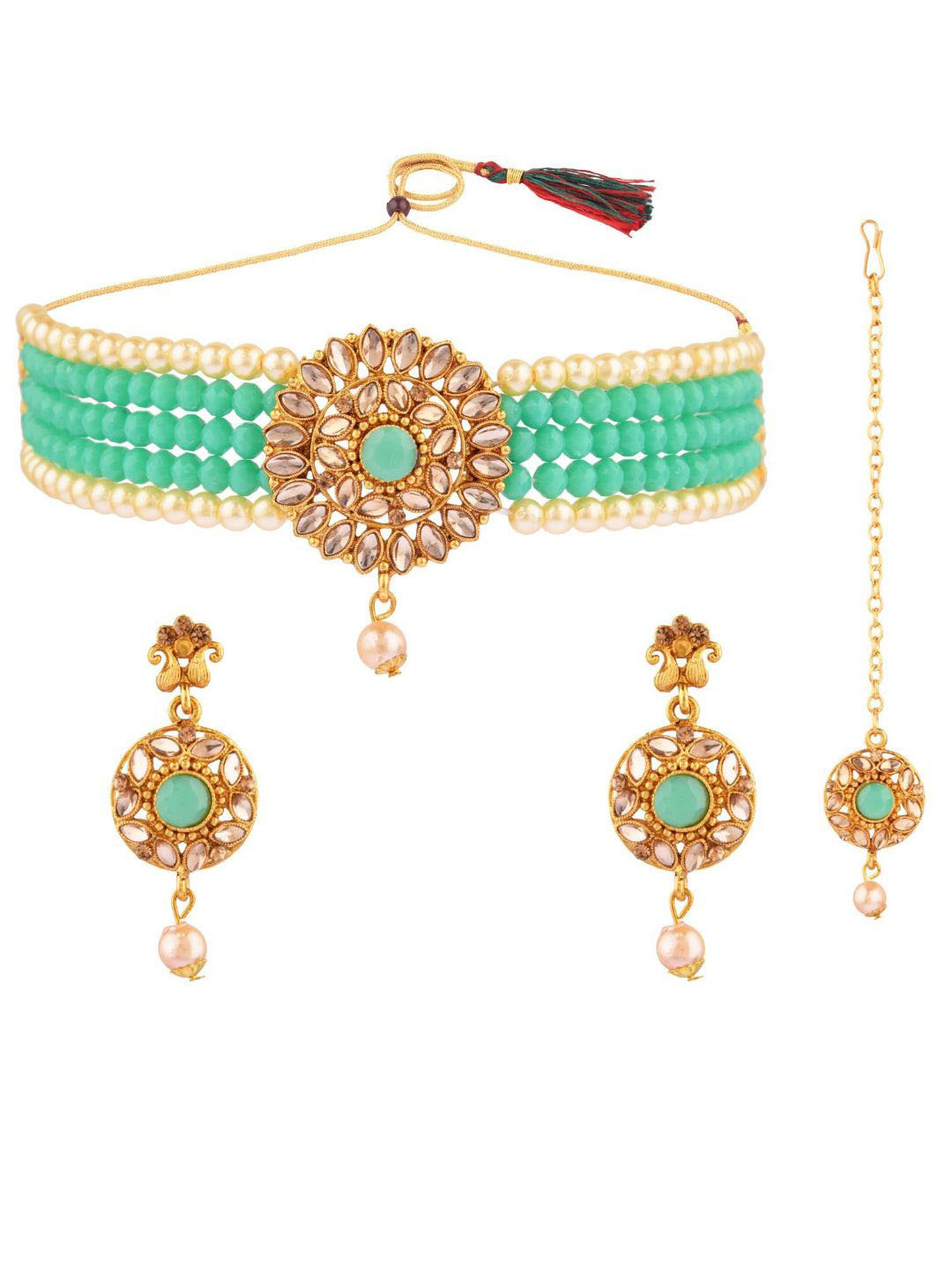 

Efulgenz Women Sea Green & Gold-Plated Crystals Studded & Beaded Choker Jewellery Set