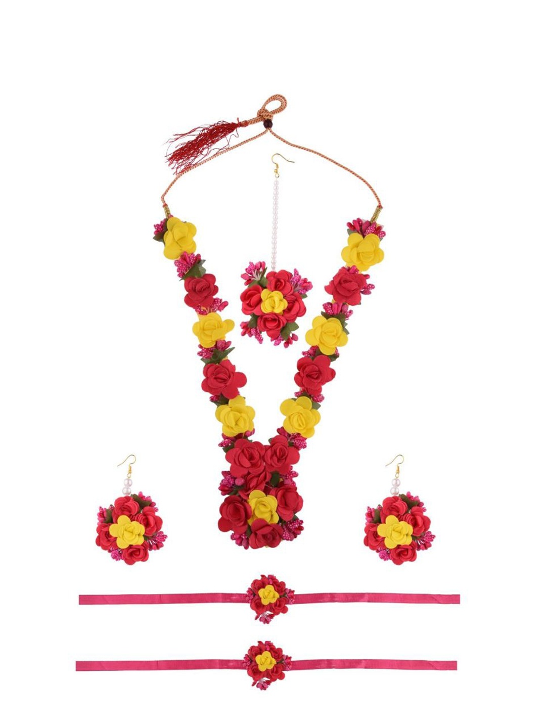 

Efulgenz Women Red & Yellow Beaded Floral Haldi Jewellery Set, Pink