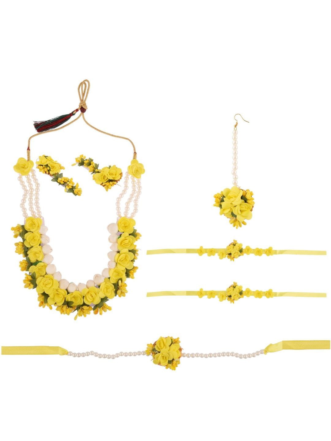 

Efulgenz Women Yellow & White Beaded Haldi Floral Jewellery Set