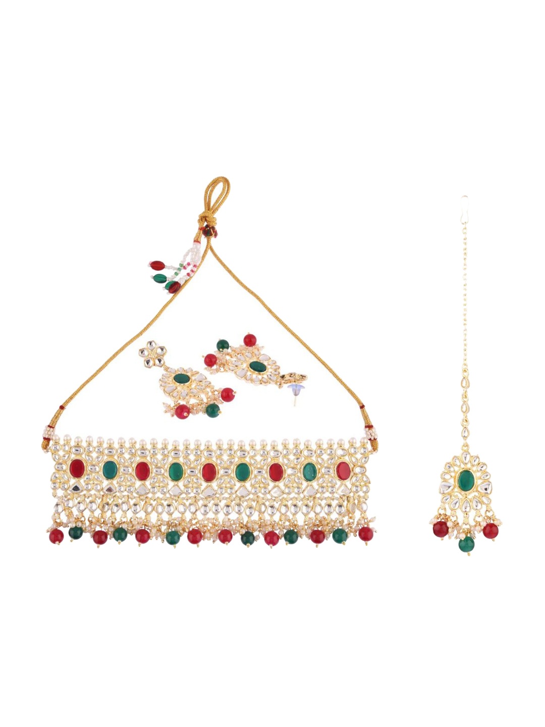 

Efulgenz Woman Gold-Plated Maroon & White Crystal Studded & Beaded Jewellery Set