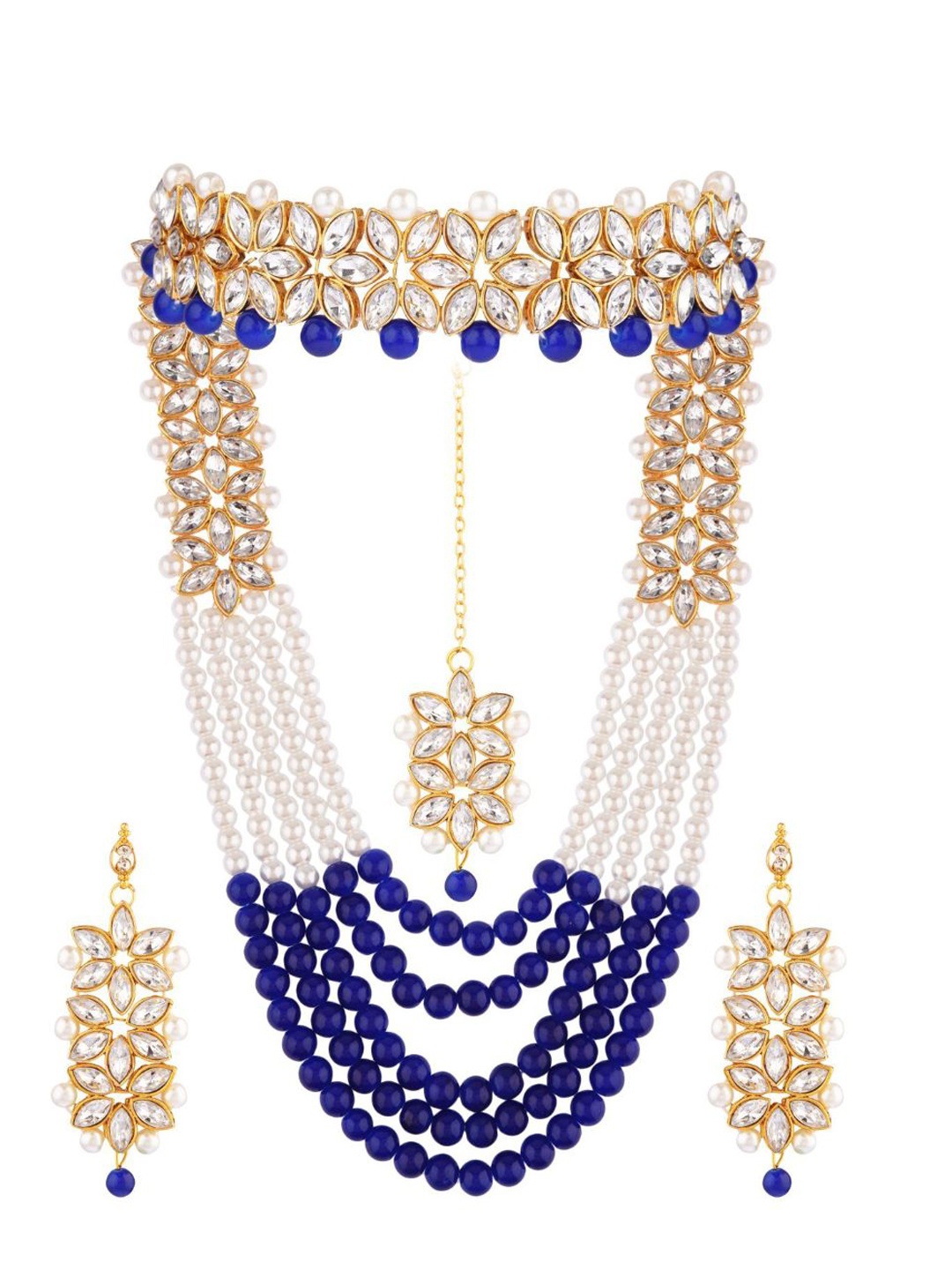 

Efulgenz Women Blue & White Gold-Plated Crystal Studded & Beaded Jewellery Set