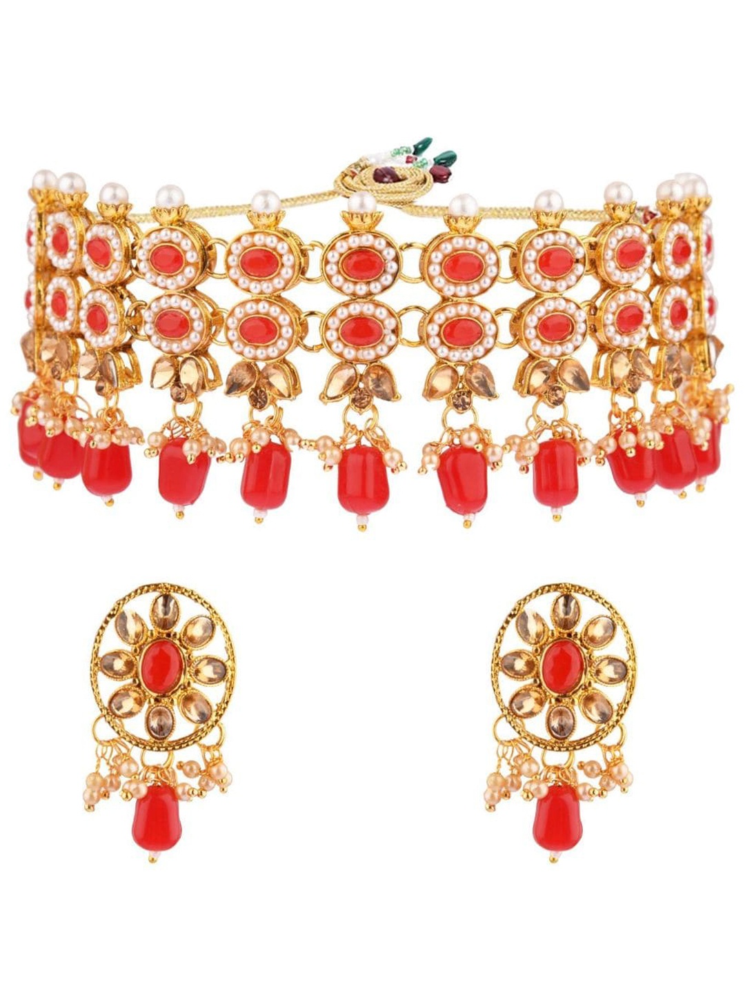

Efulgenz Women Red & White Gold-Plated Crystal Stones & Pearls Studded Jewellery Set