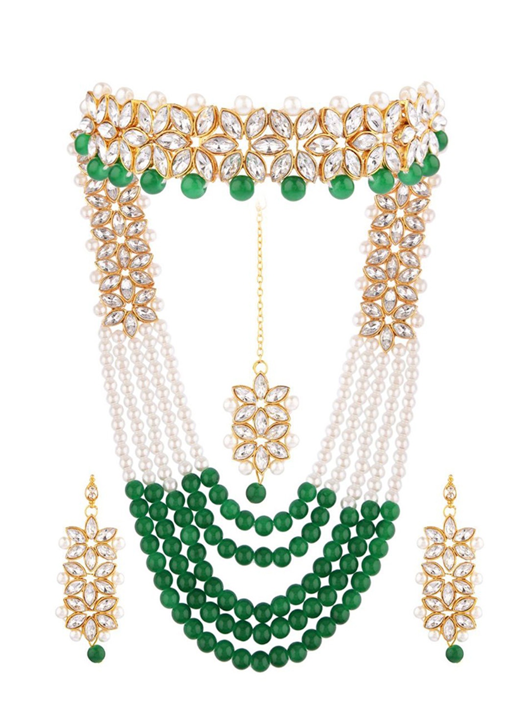 

Efulgenz Women Green & White Gold-Plated Crystal-Studded & Pearl Beaded Jewellery Set