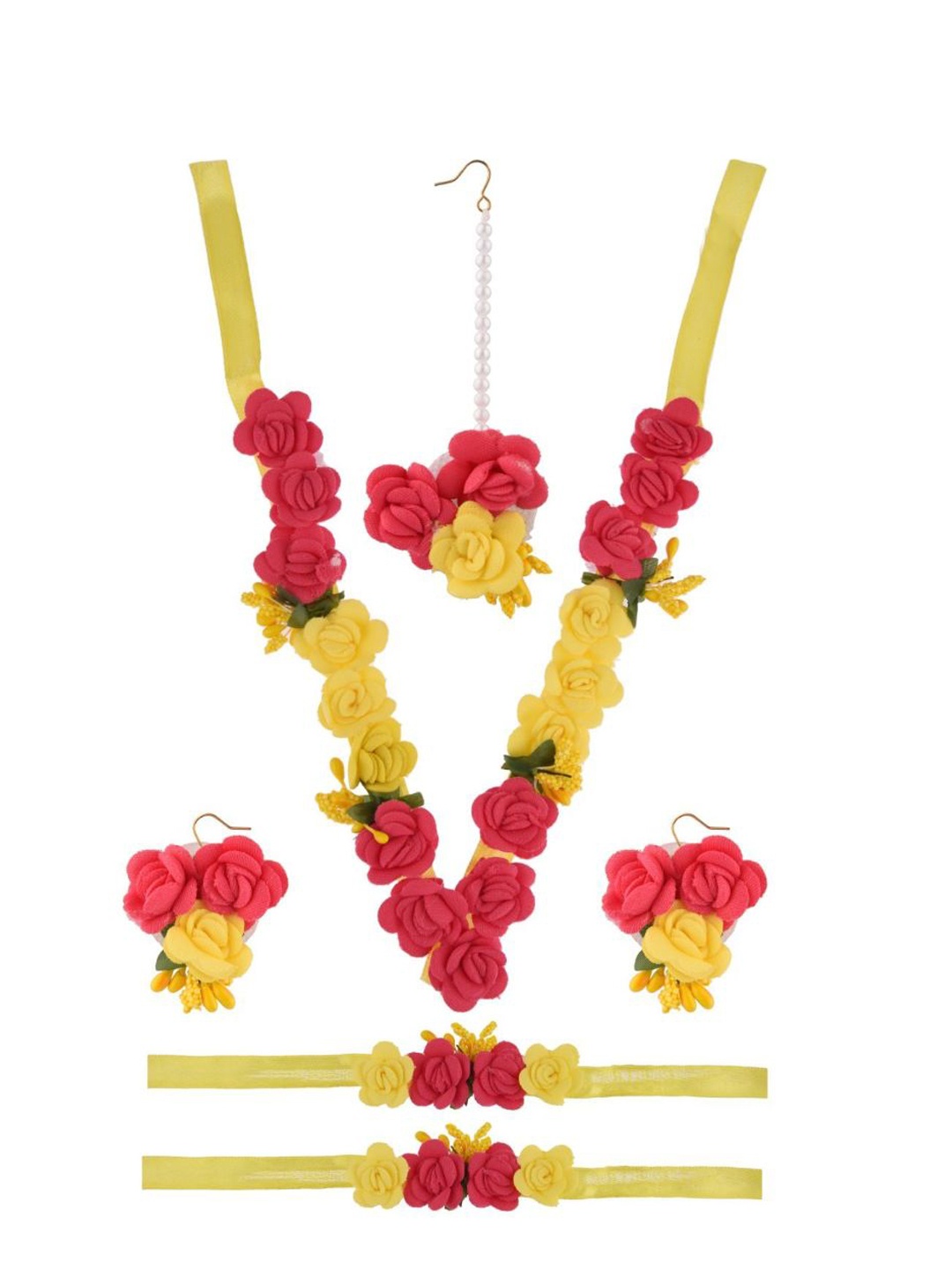 

Efulgenz Women Pink & Yellow Beaded Bridal Floral Haldi Jewellery Set