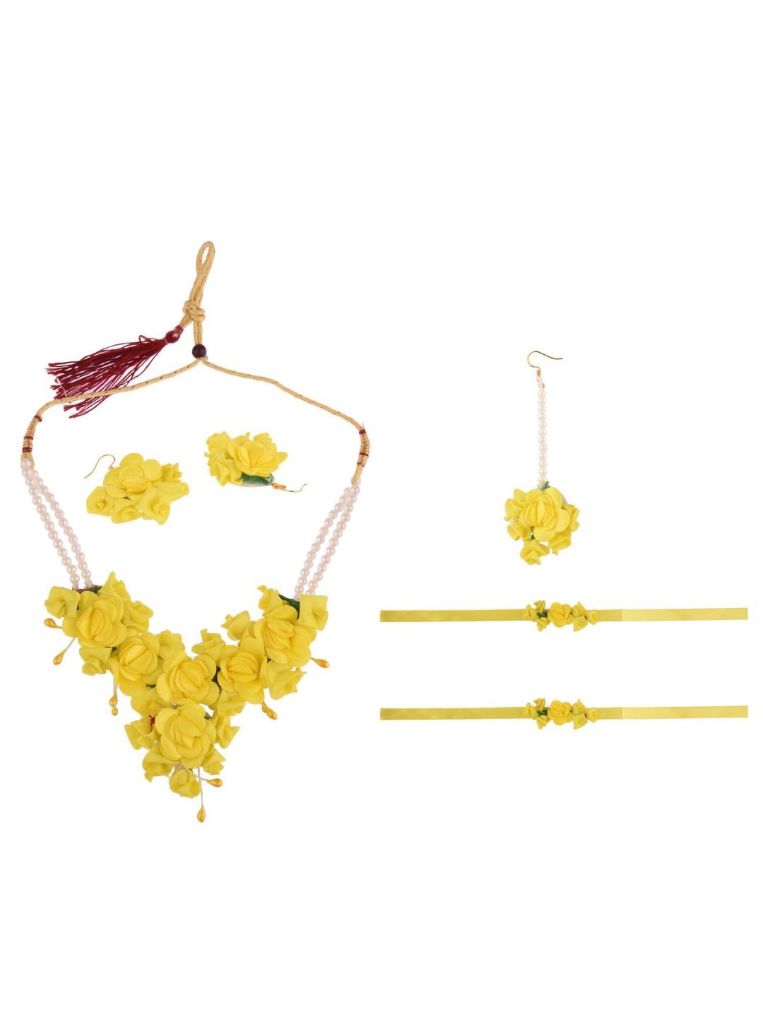 

Efulgenz Women Yellow & White Pearls-Studded & Beaded Haldi Floral Jewellery Set