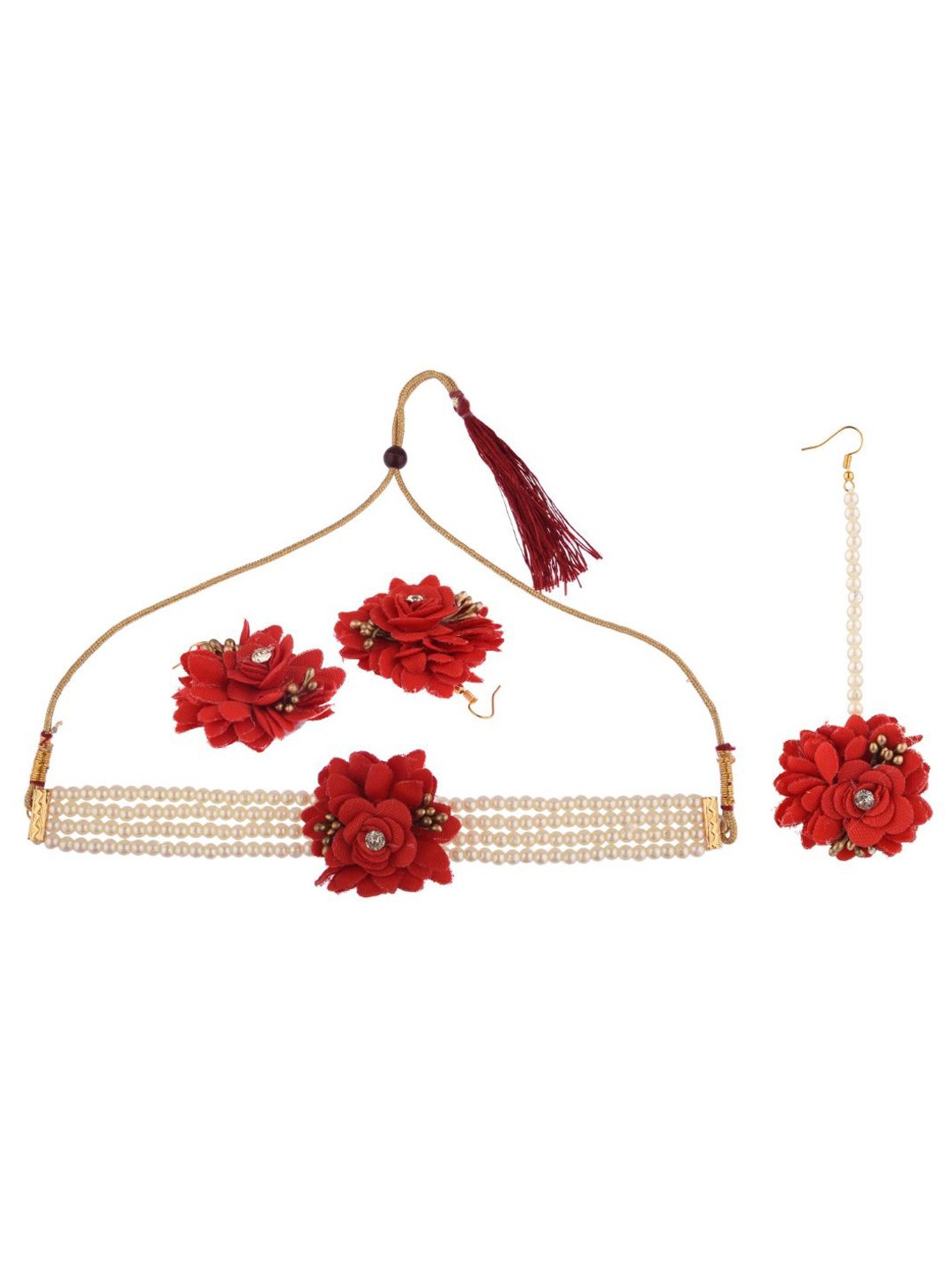 

Efulgenz Women Red & White Pearls Studded Haldi Floral Choker Jewellery Set