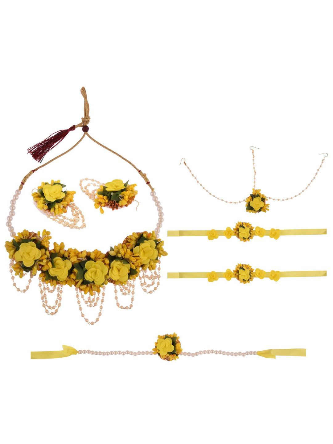 

Efulgenz Women Yellow & White Pearls Beaded Floral Haldi Jewellery Set