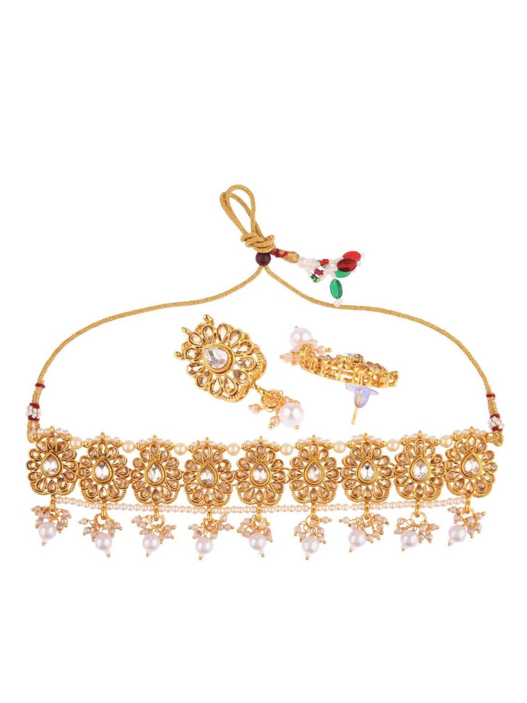 

Efulgenz Women White & Gold-Plated Crystal Kundan Studded & Beaded Jewellery Set
